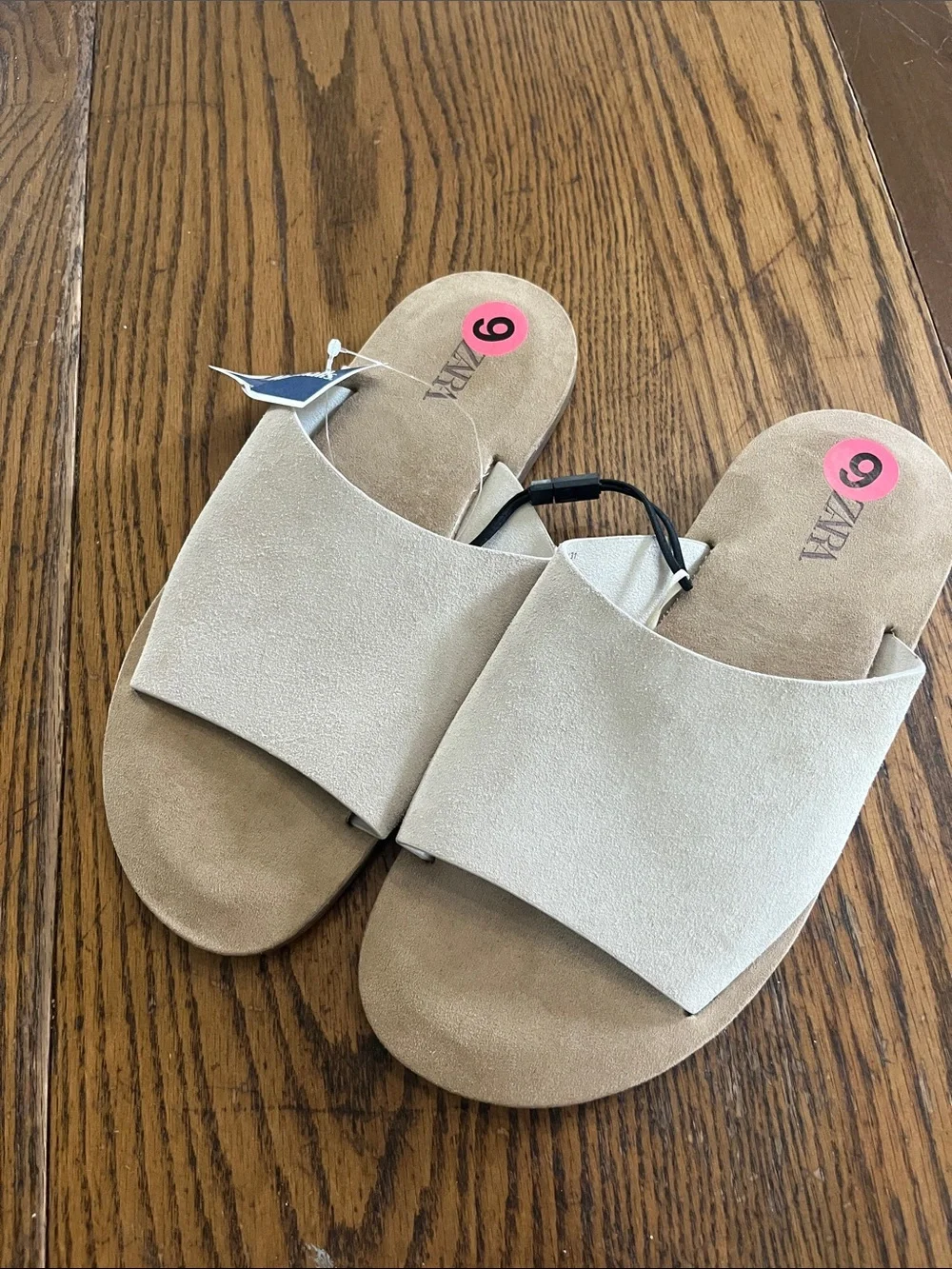 Zara Light Beige Wide suede leather Strap Slide Sandals - Picture 3 of 4